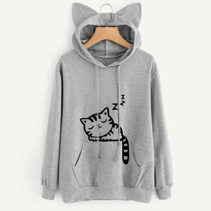 Grey kawaii sleepy kitty graphic hoodie with pouch pocket, DDLGirl style