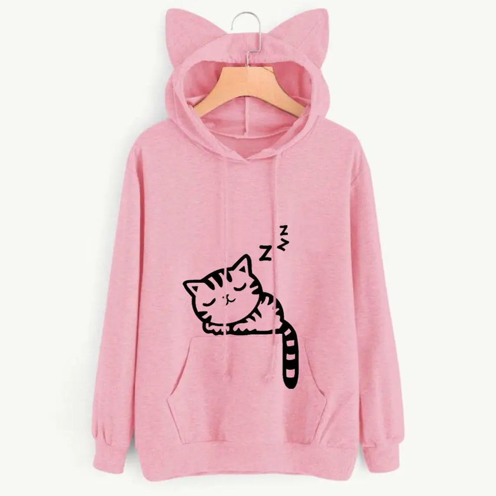 Pink kawaii sleepy kitty graphic hoodie with cat ear hood, DDLGirl style