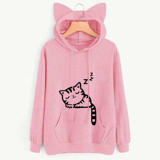 Pink kawaii sleepy kitty graphic hoodie with cat ear hood, DDLGirl style