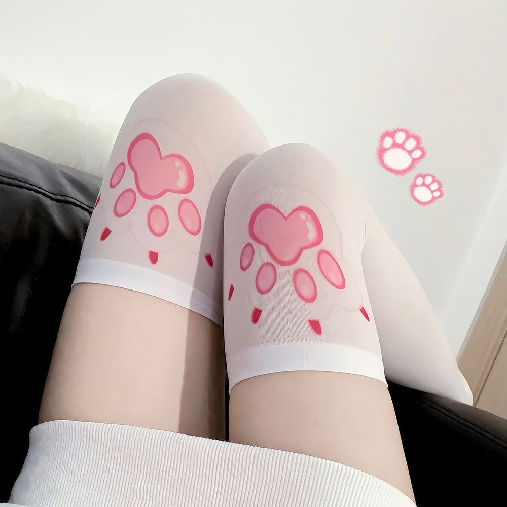 Kawaii softgirl over-the-knee Paw Pink stockings with playful cartoon paw motifs for pastel cutecore looks