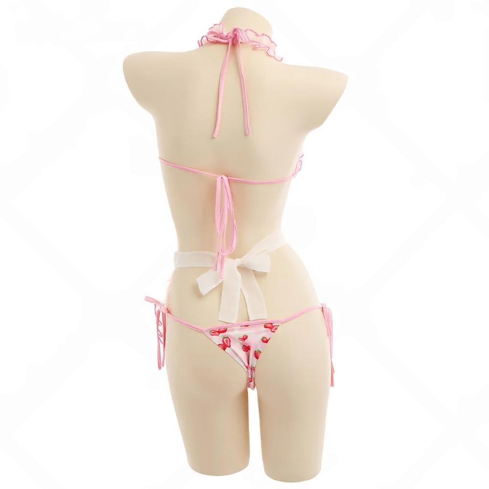 Kawaii Strawberry Milkshake Maid Set heart-shaped see-through top, apron, thong, and matching stockings for DDLG play