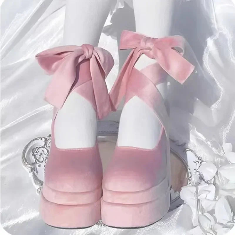 Kawaii suede lace-up platform heels with pastel laces, lolita, cutecore, alternative fashion, and kawaii lifestyle for DDLG and ABDL girlies