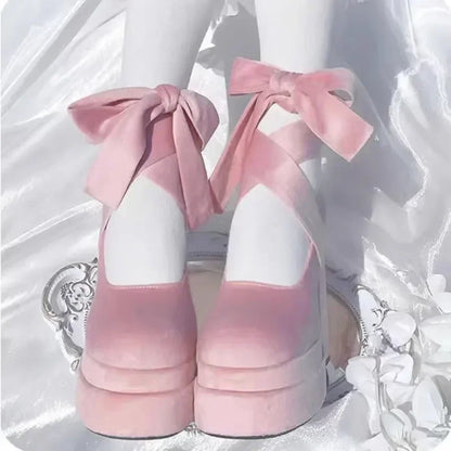 Kawaii suede lace-up platform heels with pastel laces, lolita, cutecore, alternative fashion, and kawaii lifestyle for DDLG and ABDL girlies