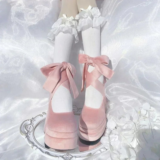 Kawaii suede lace-up platform heels with pastel laces, lolita, cutecore, alternative fashion and kawaii lifestyle for DDLG and ABDL girlies