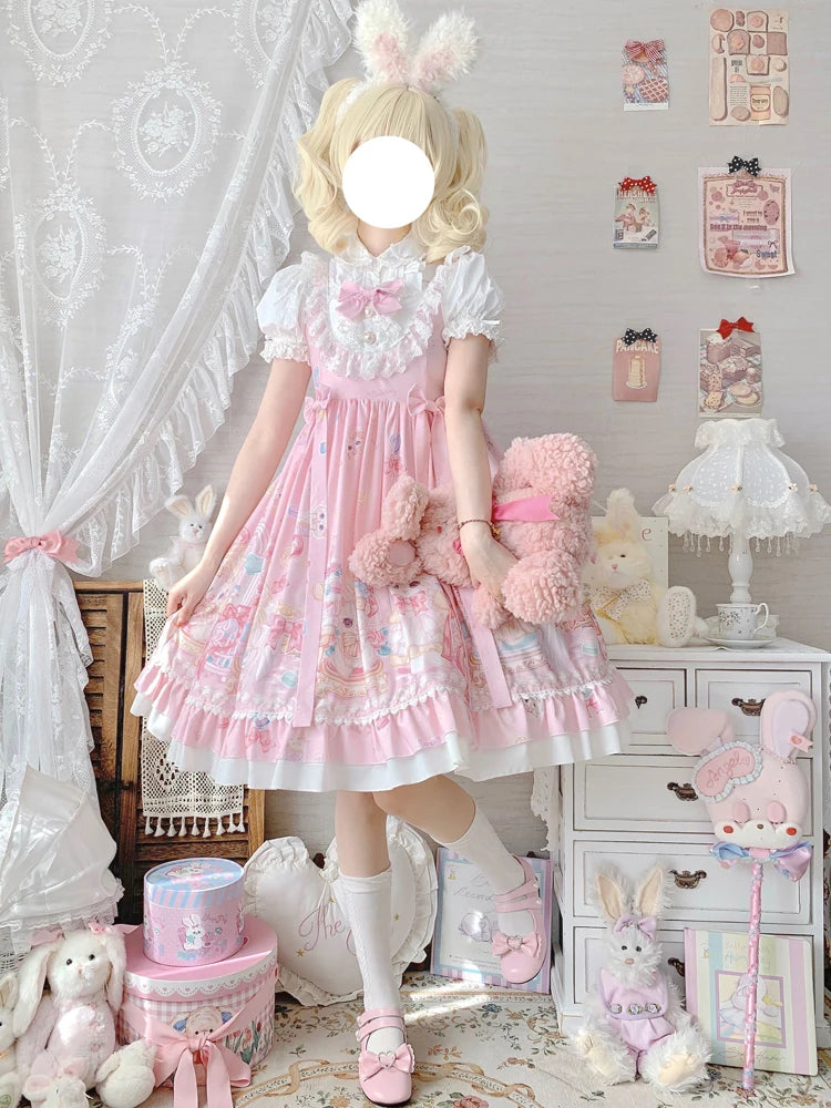 Kawaii Sugar Rush Lolita Dress with pastel kitten print and ruffled blouse top with lace trim