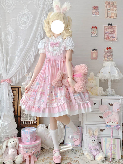 Kawaii Sugar Rush Lolita Dress with pastel kitten print and ruffled blouse top with lace trim