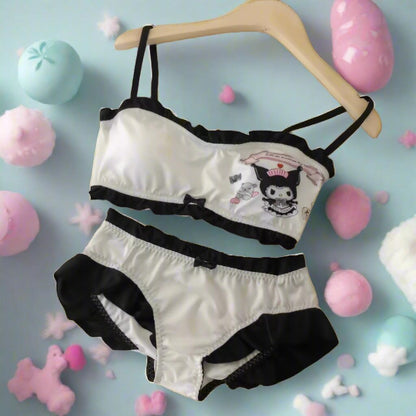 Close-up black and white Kawaii Sweetheart Bra and Panty Set ddlg abdl kawaii lingerie details