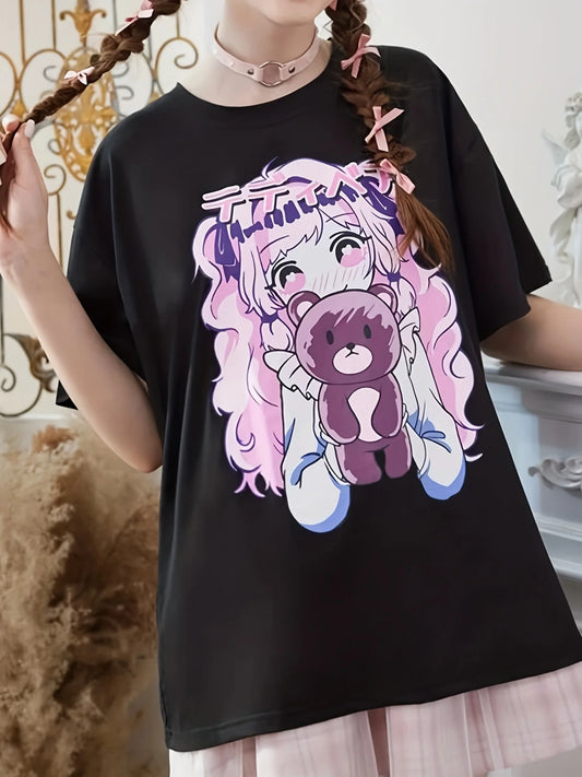 Cute kawaii teddy babygirl tee in black, soft cotton streetwear for playful anime vibes