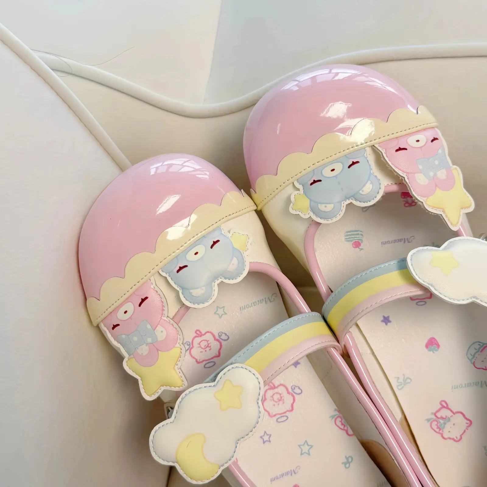 Kawaii Teddy Lolita pastel flats with rainbow buckle line, stars, clouds, and soft DDLG cutecore style