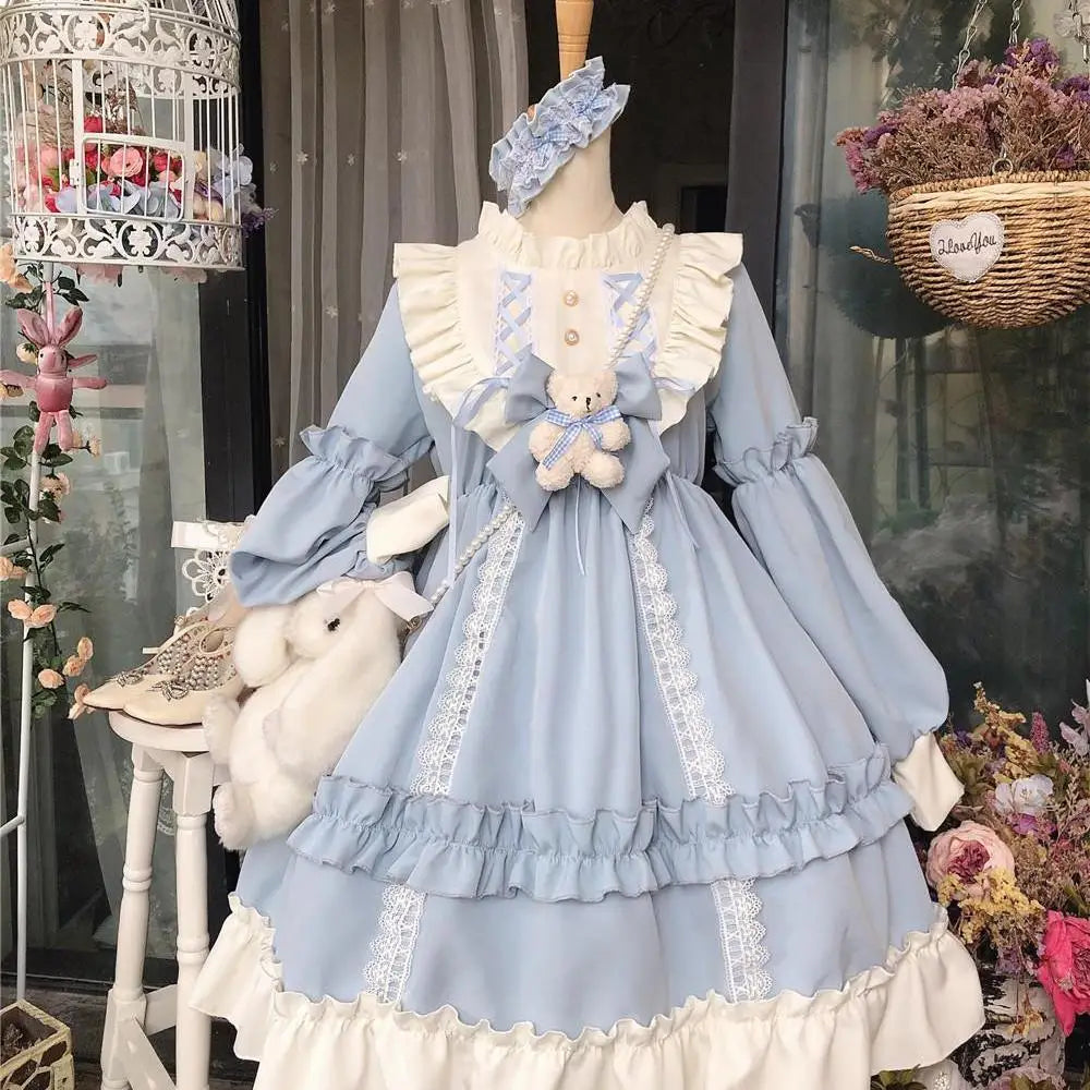 kawaii teddycore lolita dress featuring lace ruffles and mini plush teddy on the chest