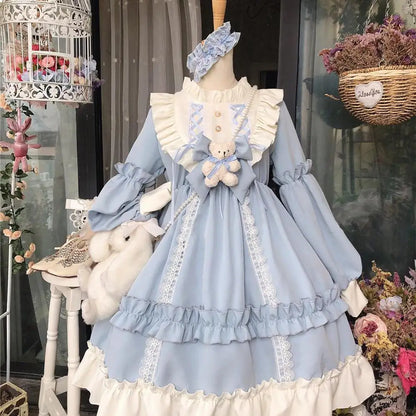 kawaii teddycore lolita dress featuring lace ruffles and mini plush teddy on the chest