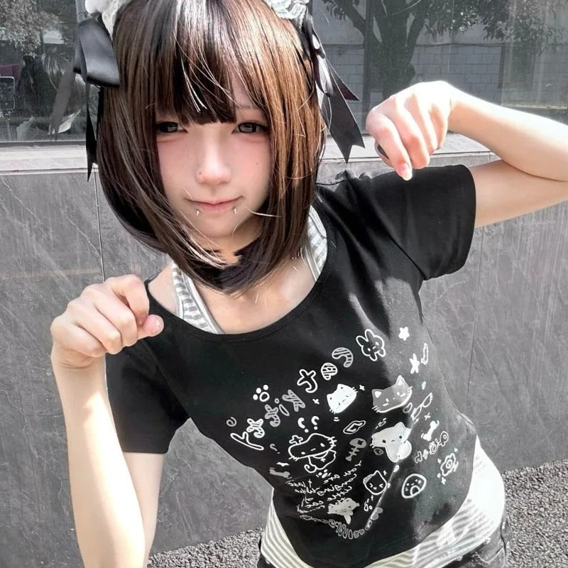 Kawaii Y2K kitty print halter top with pastel layers for ddlg and abdl fashion lovers