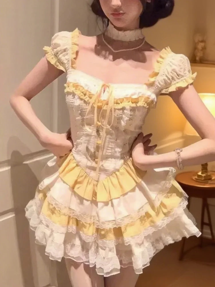 Kawaii Yellow Buttercup ruffle dress with layered ruffles, pastel cutecore style, and fun playful design for DDLG and ABDL girlies