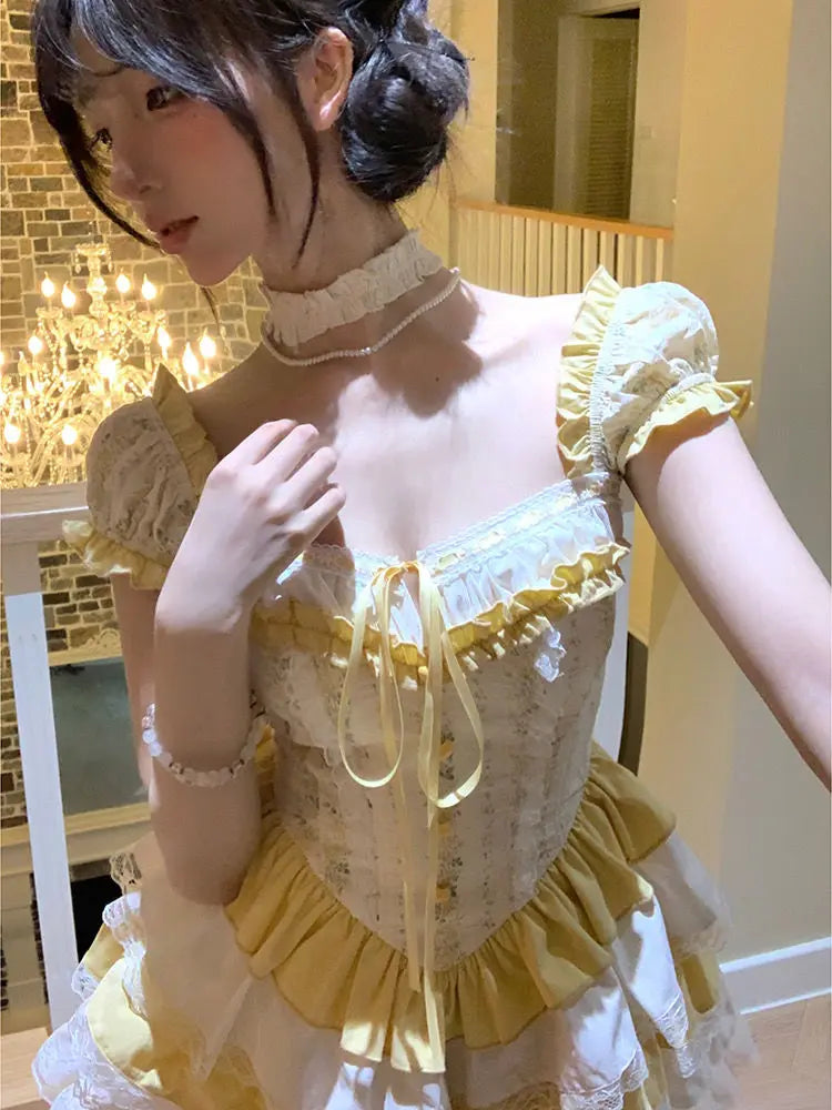 Yellow Buttercup ruffle dress with playful layers, chic kawaii cutecore style for DDLG and ABDL fashion, pastel aesthetic
