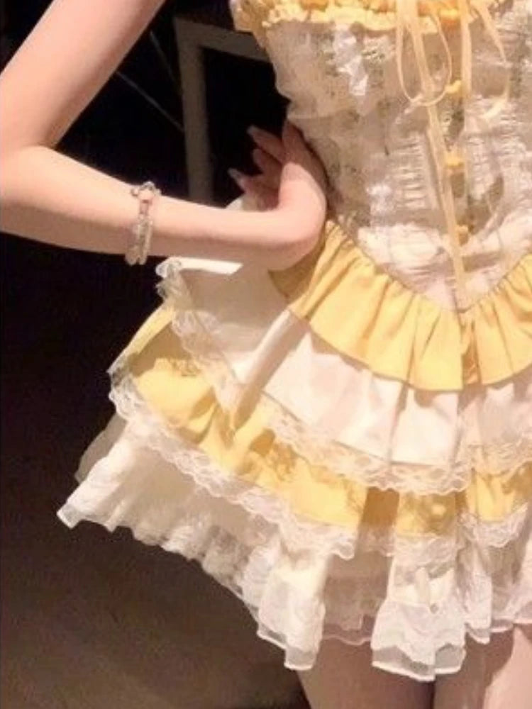 Fun and unique Buttercup yellow ruffle dress with layered design, perfect kawaii pastel outfit for ddlgirls
