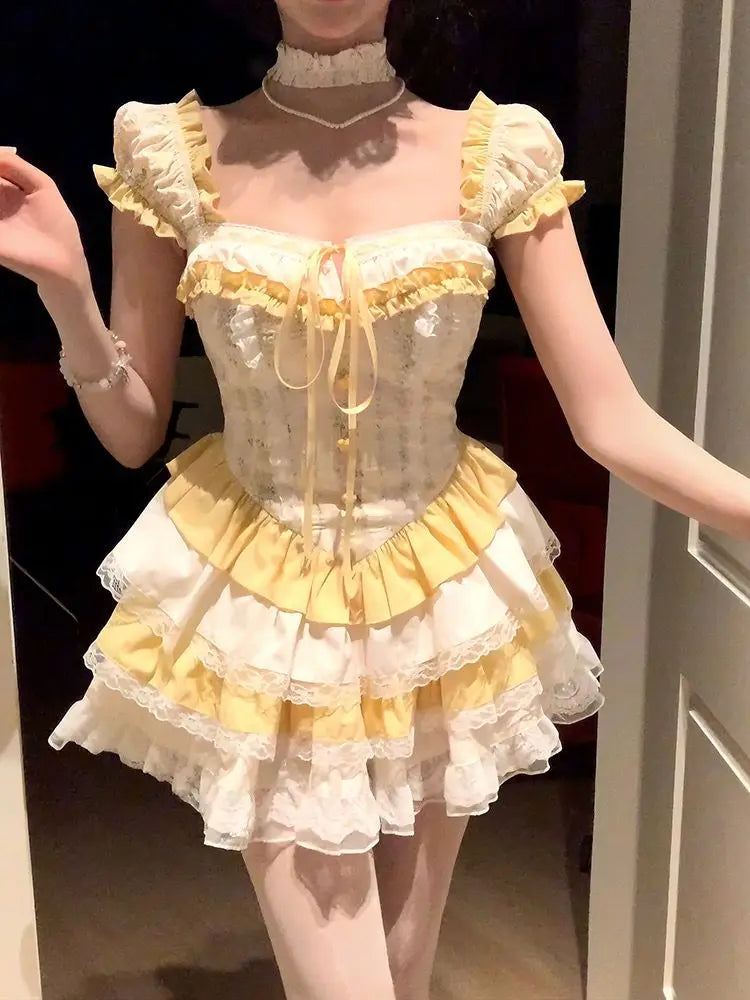 Sweet Buttercup yellow ruffle dress with playful pastel layers, perfect for kawaii lifestyle, ddlgirls, and soft cutecore vibes