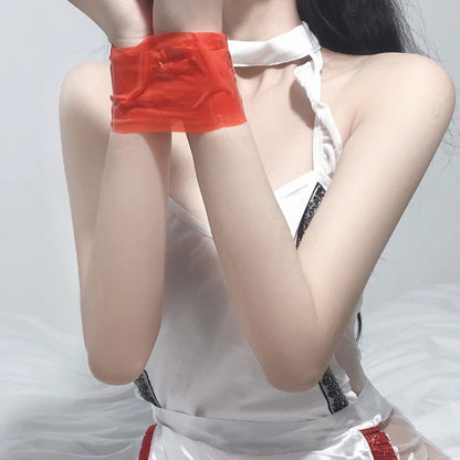 Model in red Kinky Duct Tape, flirty DDLG playful teasing and cutecore fun