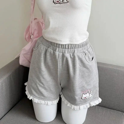 Gray lounge shorts with kitten detail and ruffle trim for DDLG ABDL soft girl and kawaii outfits