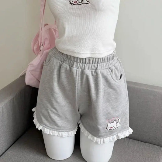 Gray lounge shorts with kitten detail and ruffle trim for DDLG ABDL soft girl and kawaii outfits
