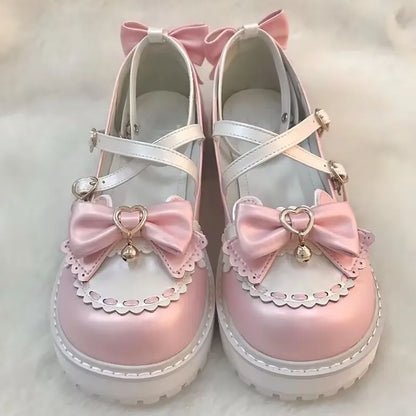 Adorable Kitty Chime Heart Strap Flats with jingling cat bells, bows, and heart buckle for kawaii lolita style