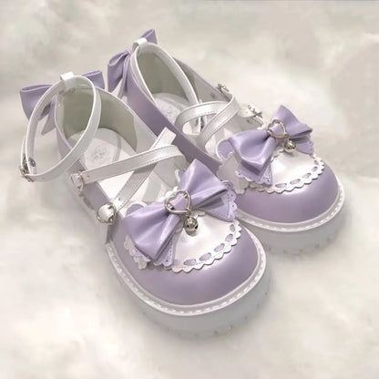 Playful Kitty Chime Heart Strap Flats with mini cat bells, bows, and heart buckle for lolita and kawaii looks