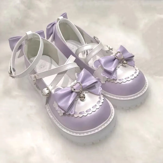 Playful Kitty Chime Heart Strap Flats with mini cat bells, bows, and heart buckle for lolita and kawaii looks