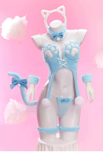 Kitty Corset Plush Cosplay Set with paw cups, 3D ears and tail, ribbon choker and cuffs, flirty sexy playful cutecore kawaii little-core cosplay