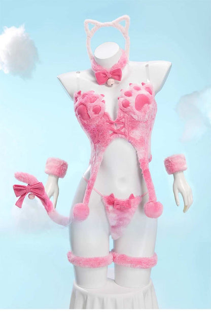 Kitty Cosplay Corset Set with paw-shaped cups, tail, 3D ears, plush ribbon choker and cuffs, sexy flirty cute cutecore kawaii little-core