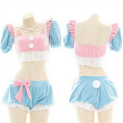 Kitty Cream Puff Pastel Set, kawaii babygirl outfit with mini cat ears, ruffles, and pom-pom charm