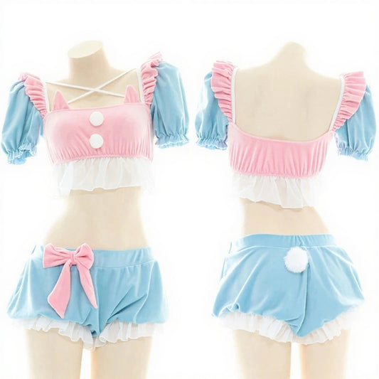 Kitty Cream Puff Pastel Set, kawaii babygirl outfit with mini cat ears, ruffles, and pom-pom charm
