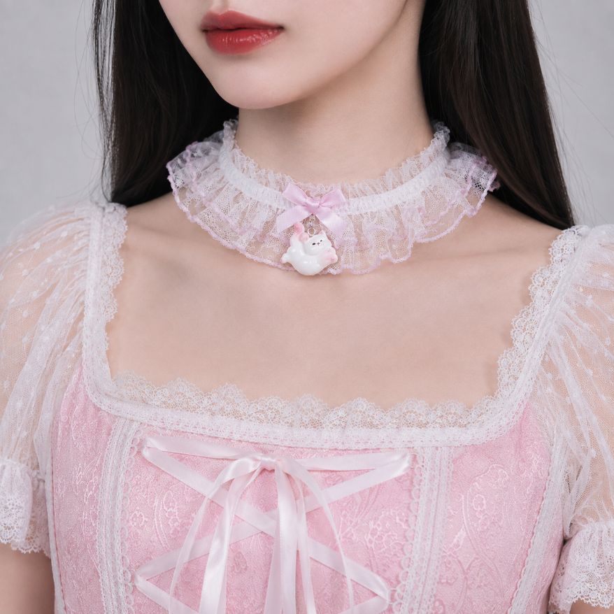 Kitty charm detail on ruffle tulle lace choker, DDLGirl accessory