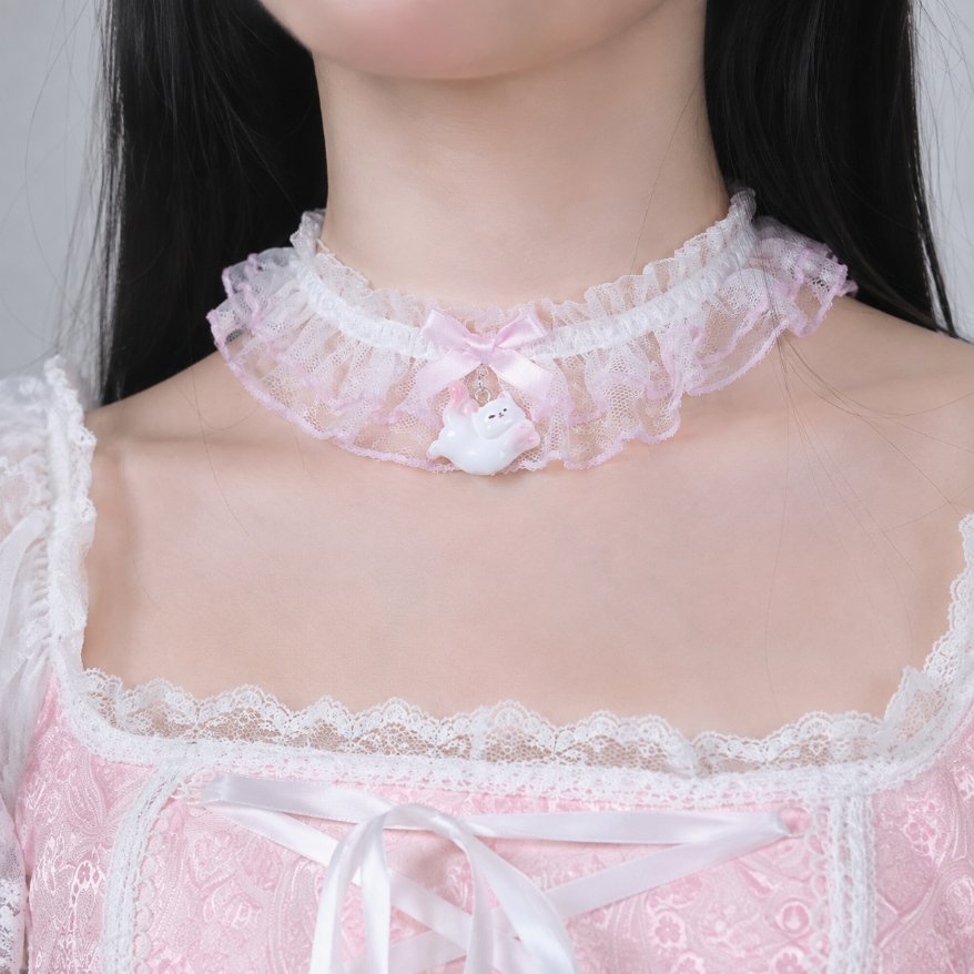 Pink and white kitty dream ruffle lace choker, coquette DDLGirl style