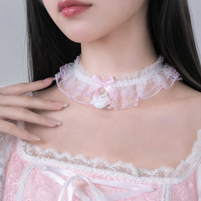 Layered ruffle tulle texture detail on kitty dream lace choker