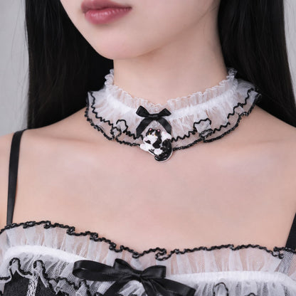 Model wearing kitty dream ruffle lace choker, DDLGirl coquette style