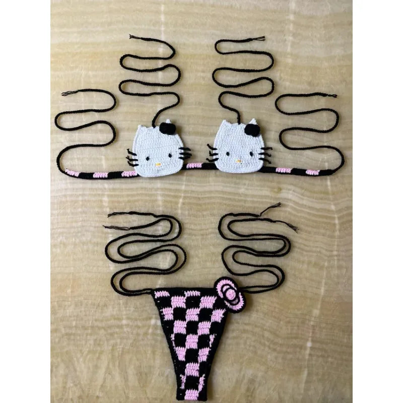 Edgy black and pink micro crochet lingerie set with adjustable ties, eco-conscious yarn for kawaii ABDL and DDLG lovers