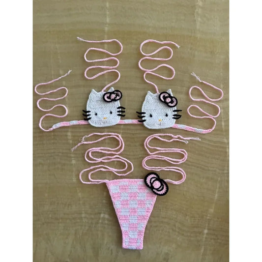 Eco-friendly kitty tease micro crochet set in bubblegum pink, adjustable fit for kawaii DDLG and ABDL pastel style