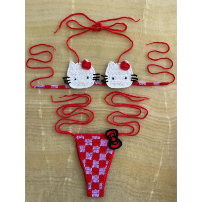 Dreamy red and purple kitty tease micro crochet lingerie, adjustable fit perfect for kawaii DDLG and ABDL fashion