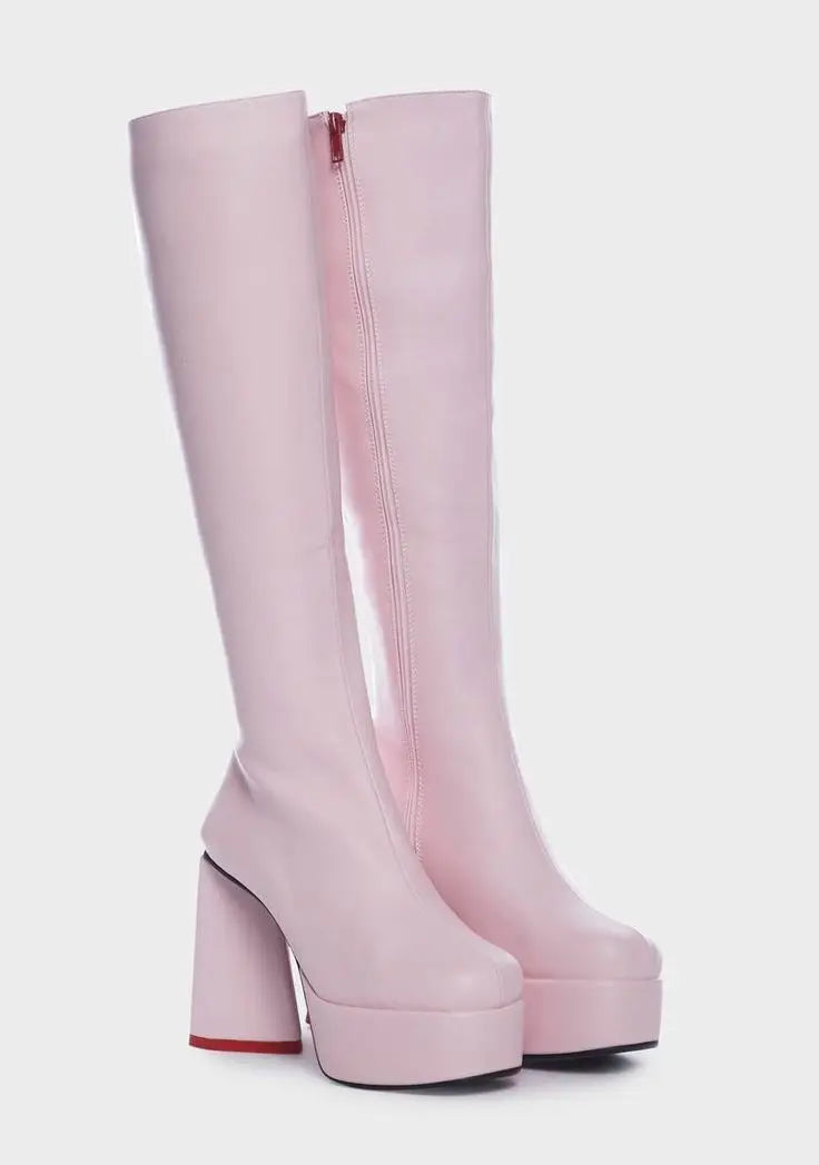 Knee-high Heartquake boots with dramatic heart heel, kawaii ABDL fashion footwear
