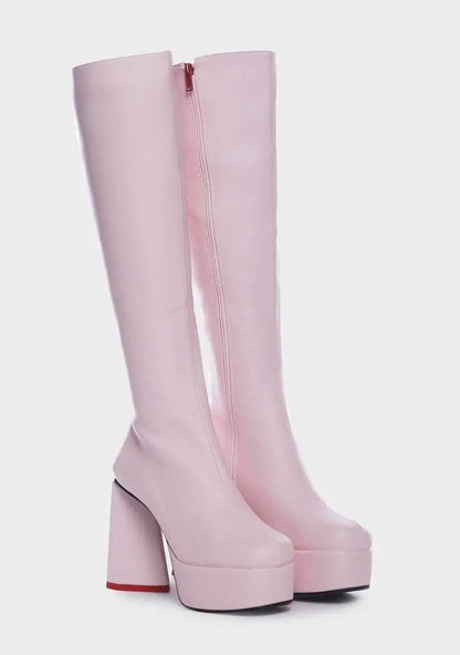 Knee-high Heartquake boots with dramatic heart heel, kawaii ABDL fashion footwear