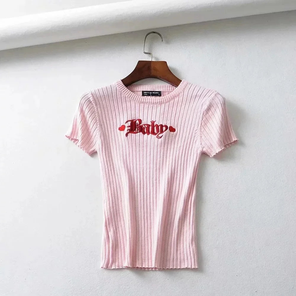 Knit Baby Tee in pink, DDLG/ABDL kawaii cutecore soft brat top for layering or statement outfits