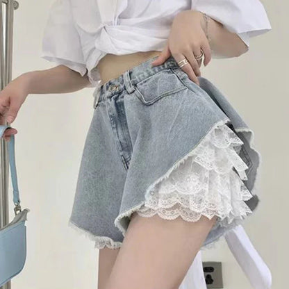 White Lacy Dream Shorts peeking under a jean dress, flirty and soft lingerie accent