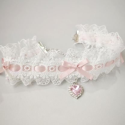 Lacy Babydoll Ribbon Choker, DDLG/DDLGirl soft girl jewelry, mini heart crystal, pastel and black variants