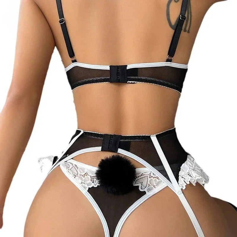 Lacy Dreams Secret lingerie set in black, bra, garter, and panties, goth queen baddie cutecore DDLG/DDLGirl vibes