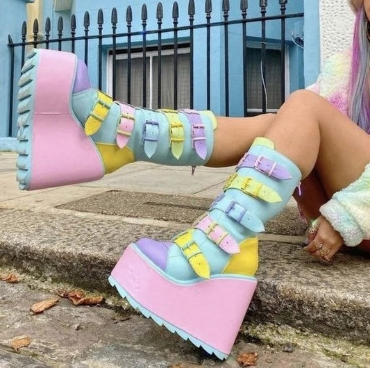 Pastel Meltdown Platform Boots – rainbow pastel platform heels with buckles, kawaii DDLG dollette aesthetic shoes for littles, brats, and pastel fashion lovers.