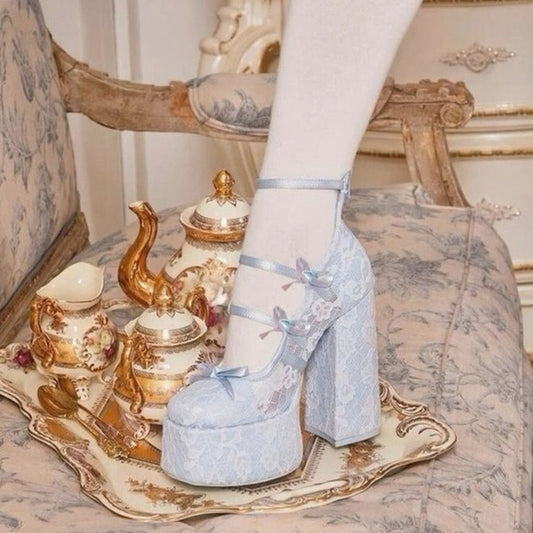 Lacy Little Secrets Heels – pastel and soft block heels with delicate lace and mini ribbon details, perfect for DDLG, cutecore, kawaii, and soft-baddie outfits.
