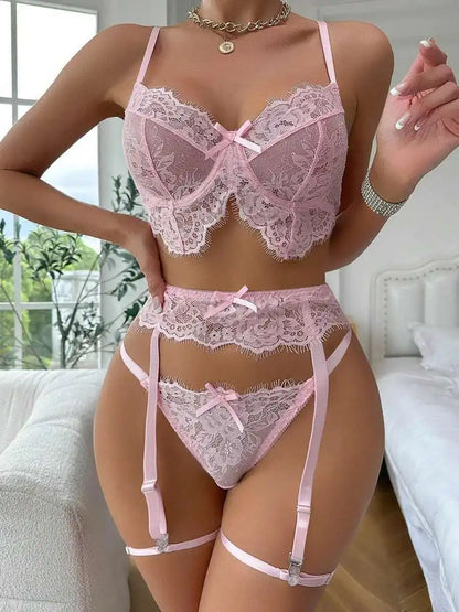 Lacy Mesh Seduction Set in gentle pink, sheer lace and mesh details for flirty, cutecore, and ABDL lingerie styles