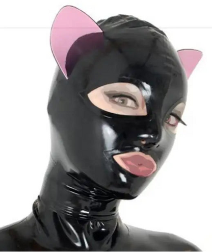 Latex Feline Play Mask, black with pink ears, glossy latex, sleek feline design, playful kawaii & baddie vibes