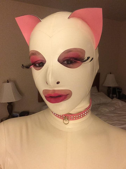 Front view of Latex Feline Play Mask, white with pink ears, soft pastel kawaii & baddie vibes