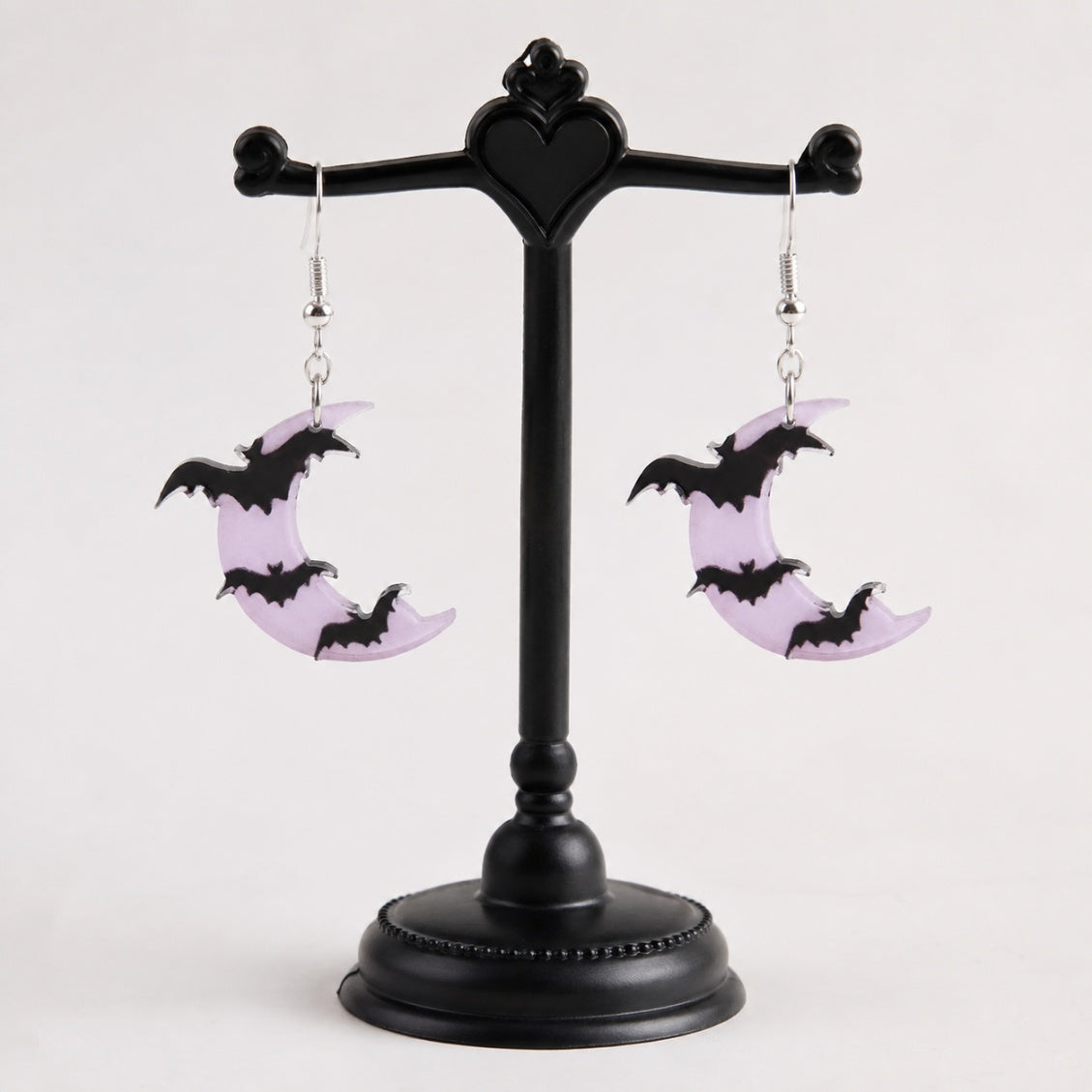 Lavender moon and bat dangle earrings with pearlized finish, DDLGirl style