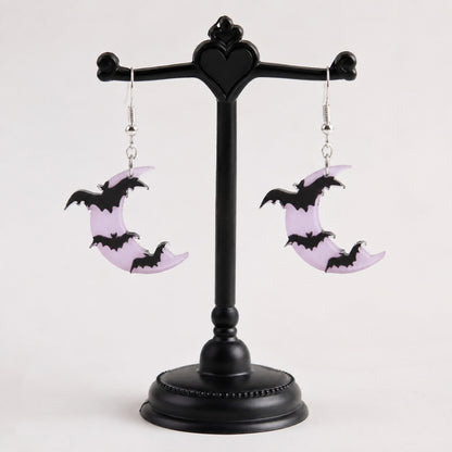 Lavender moon and bat dangle earrings with pearlized finish, DDLGirl style
